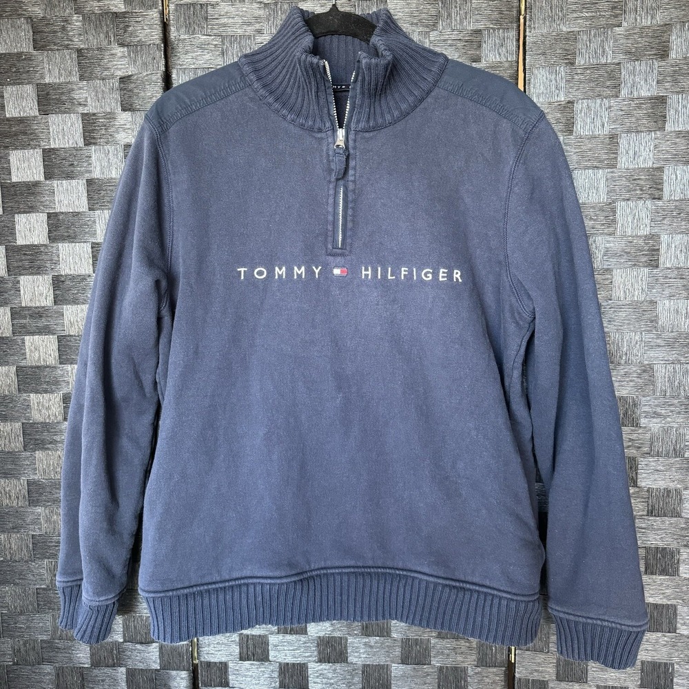 Tommy Hilfiger 1/4 Zip Long Sleeve Pullover Sweater Navy Cotton Mens Size XL